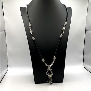 ID Badge Silver Tone and Black Cord Necklace with Ornate Metalwork